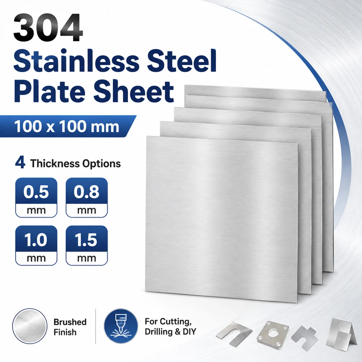 3-5pcs 304 Stainless Steel Square Plate 0.5/0.8/1/1.5mm Thickness 100X100mm Polished Metal Sheet for DIY Drilling Welding & Crafts