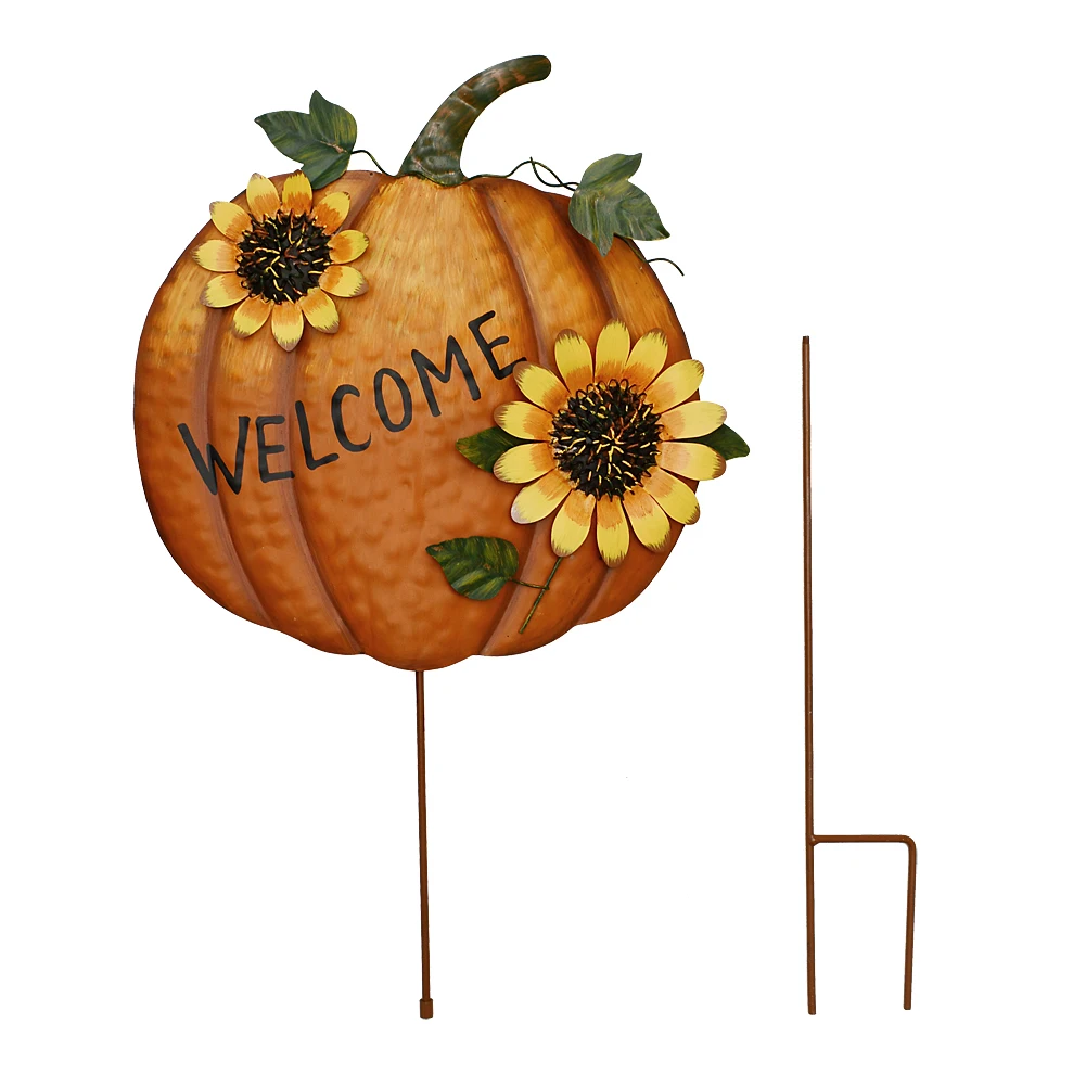 

36.75" Height Pumpkin Yard Sign Stakes Fall Welcome Signs with 2 Sunflowers Metal Pumpkin Garden Decoration for Halloween Gift