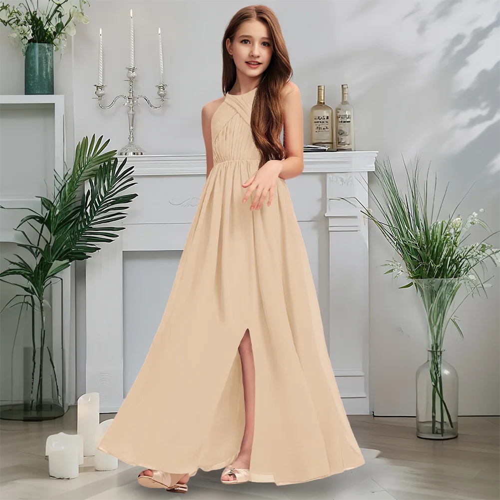 C Kids Child Scoop Neck Junior Bridesmaid Dress Merlot Communion Dress Floor-Length Chiffon With Cascading Pleats Wedding Party