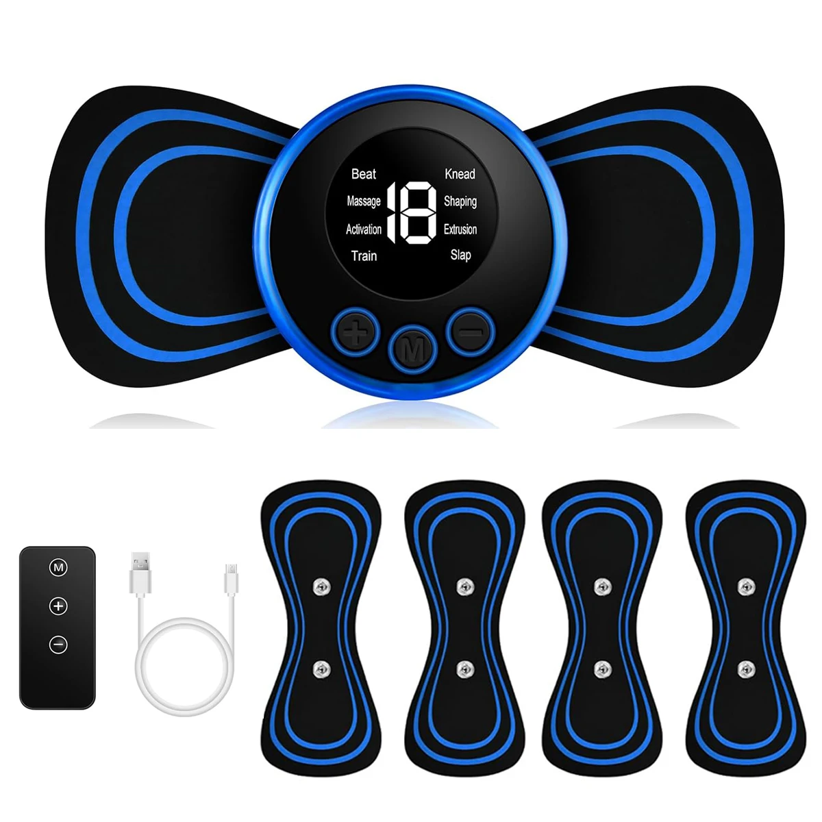 Tragbarer EMS-Muskelstimulator mit 5 Massagepads & 1 Hauptgerät: Kabelloses TENS-Gerät für Schmerzlinderung an Nacken, Rücken & am ganzen Körper zu Hause.