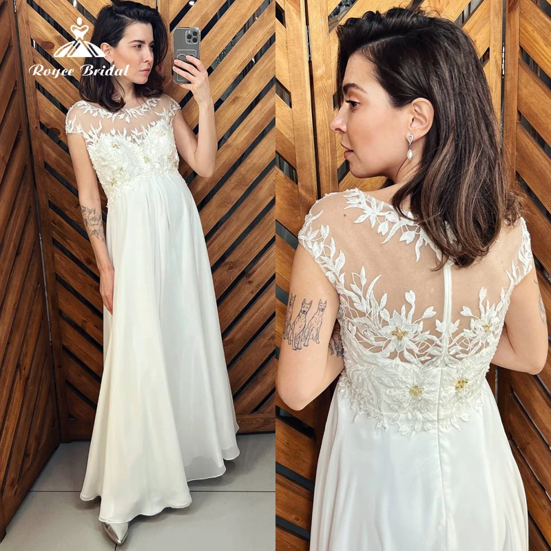 Boho O-Neck Sexy Backless Zipper Lace Appliques Beading A-Line Wedding Dress Chiffon Bridal Gown Short Cap Sleeve Floor vestido