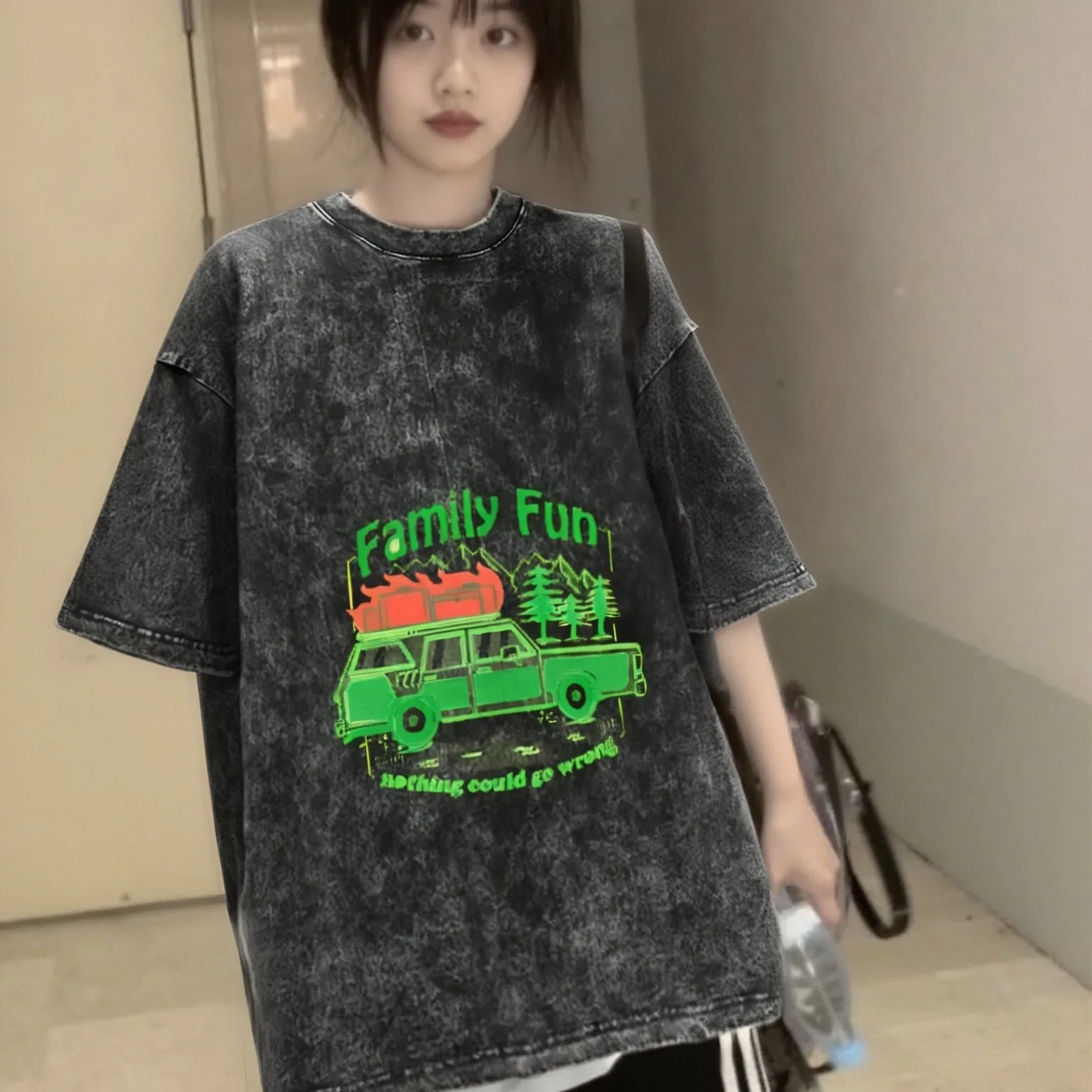 

Семейная забавная футболка, потертая ткань, ретро-автомобиль, повседневная свободная футболка с короткими рукавами, летний удобный топ для приключений на открытом воздухе