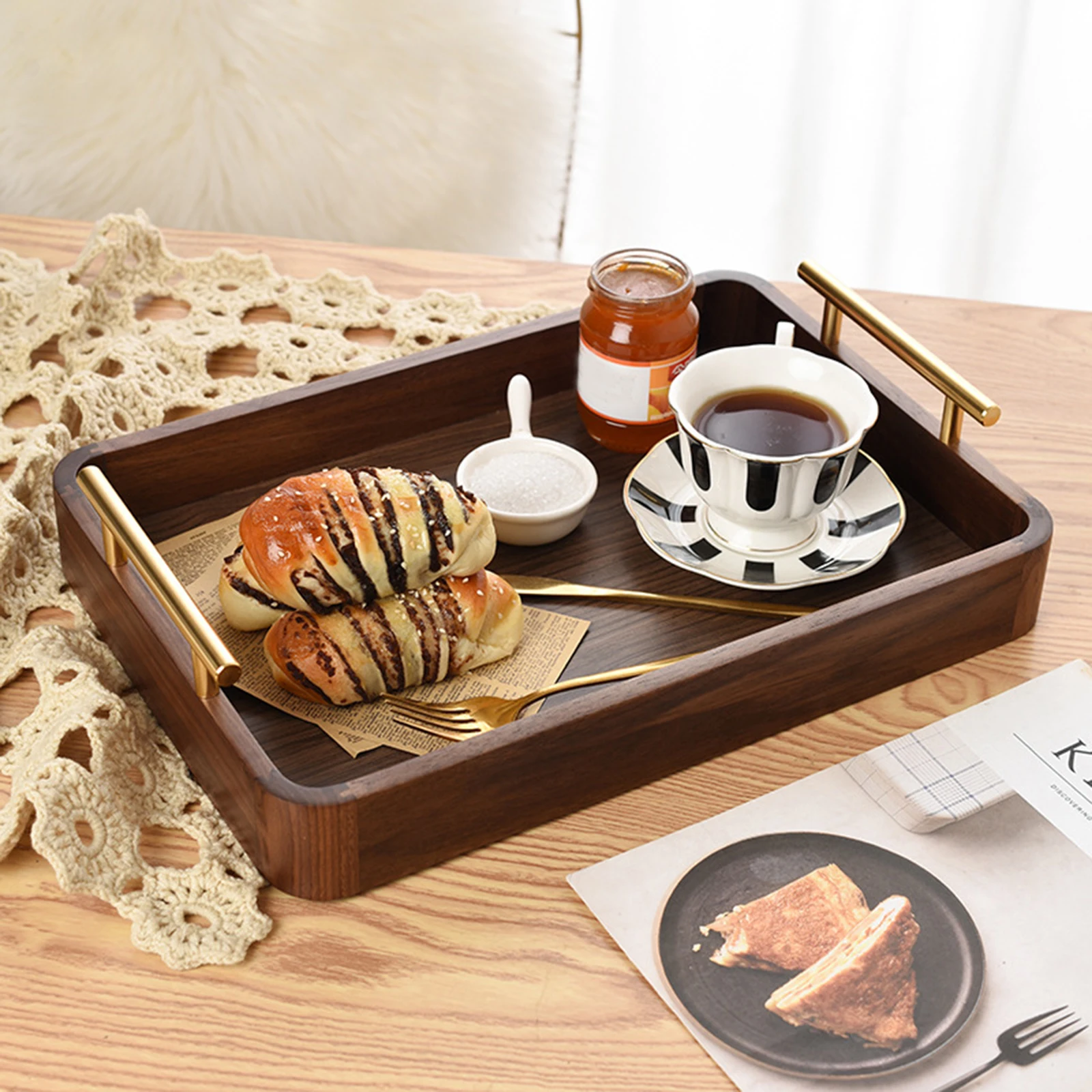 

Solid Black Walnut Wooden Dried Plate Metal Storage Tray with Handle,Serving Breakfast Trays Food Fruit Plate for Home and Hotel