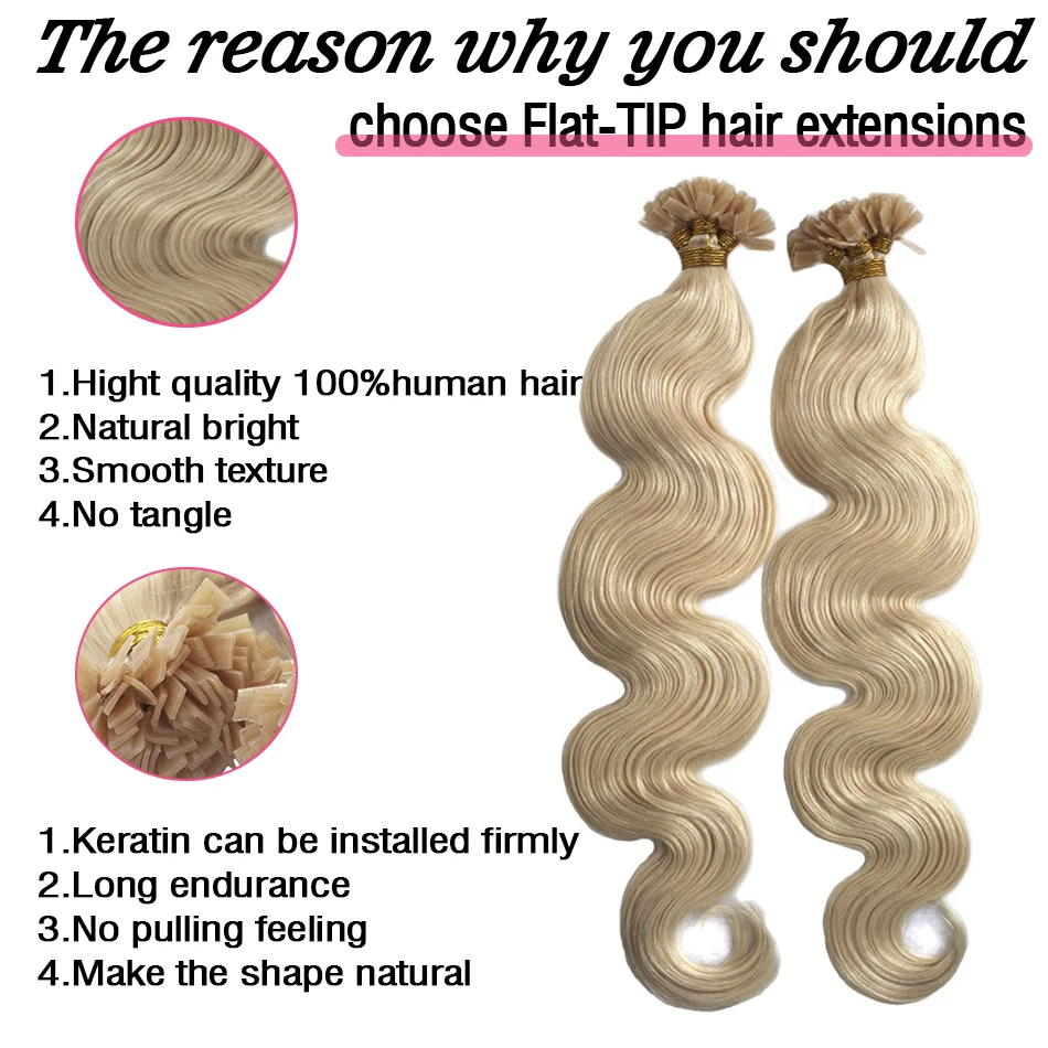 Audelami Body Wave Flat Tip Remy 100% Human Hair สําหรับผู้หญิงคุณภาพสูง Flat Tip Hair Extension Human Hair Natural