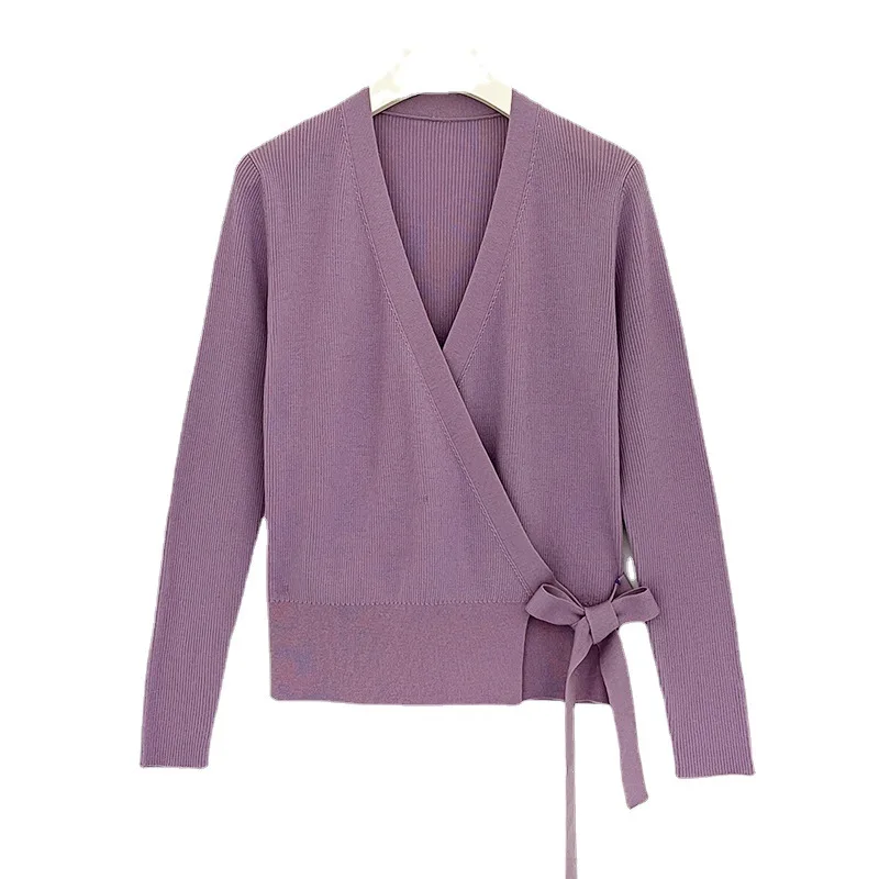 wool overlapping tie purple cardigan women v neck coat spring sweater top knit sweaters fashion clothes woman jacket womens tops