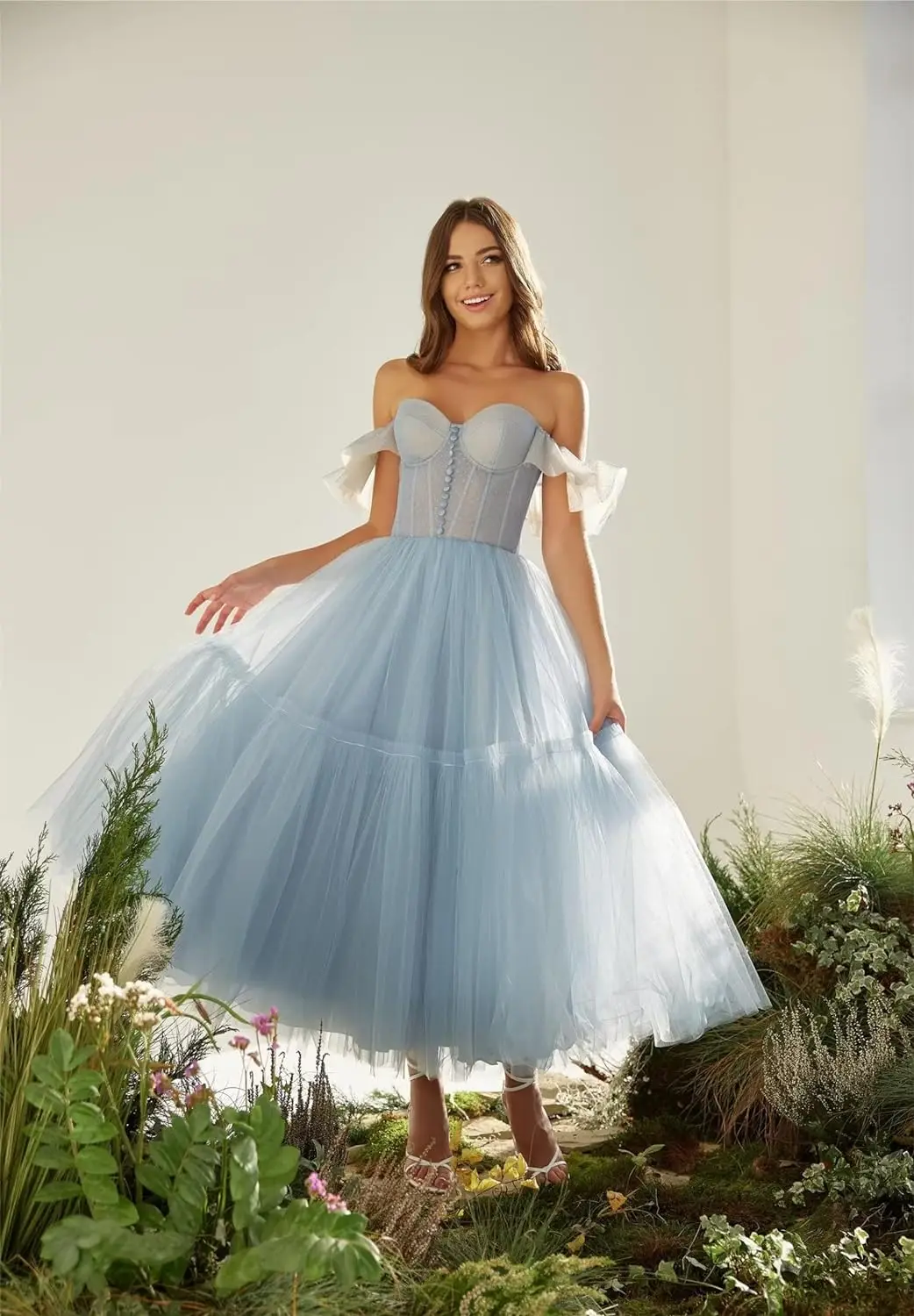 

Off Shoulder Tulle Prom Dresses for Women Tea Length A Line Corset Sweetheart Teens Cocktail Dresses فساتين السهرة 2024 جديده