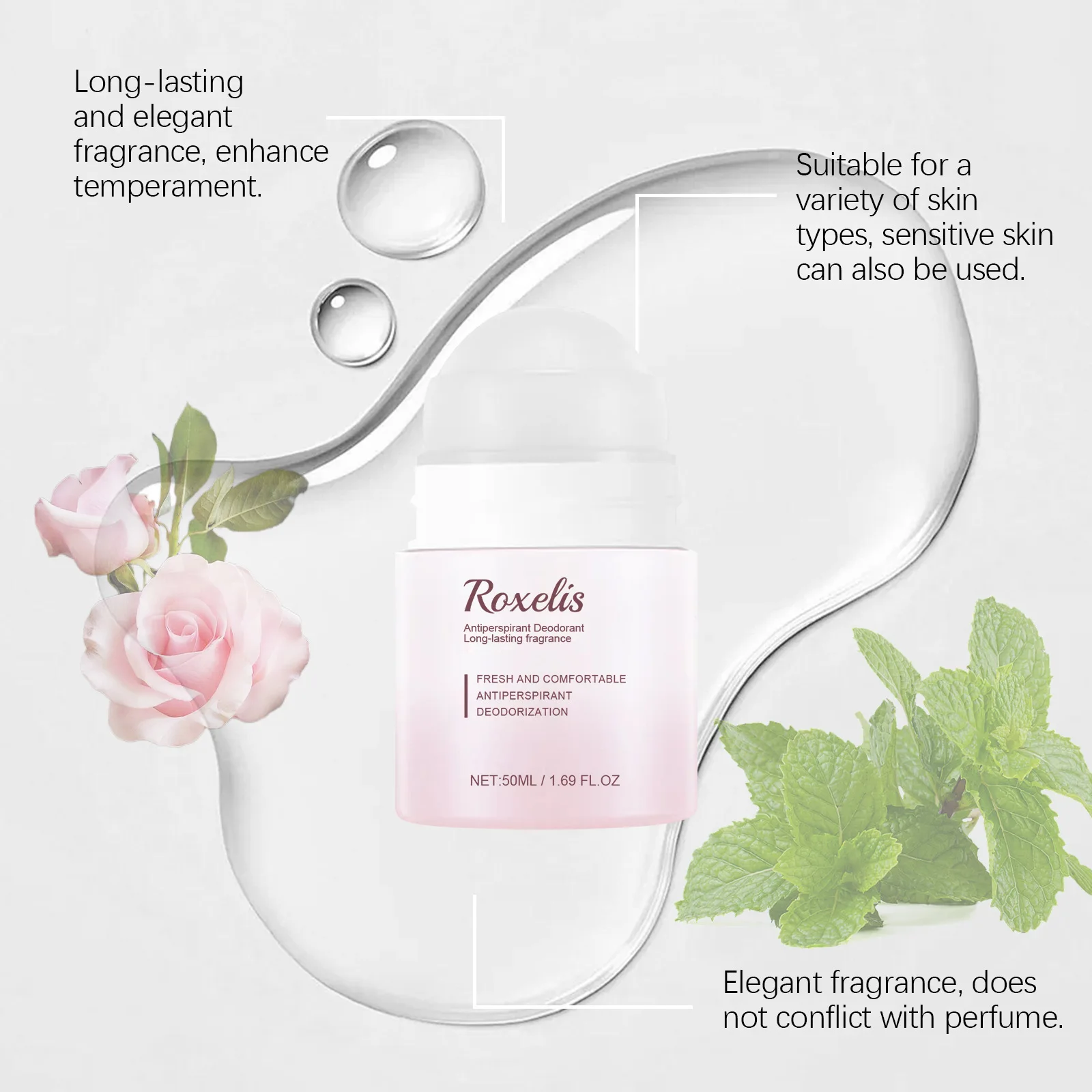 Roxelis 50ml Anti Sweat Deodorant Roller Ball Balm Refreshing Fragrance Underarm Armpit Body Remove Odor Antiperspirant Balm