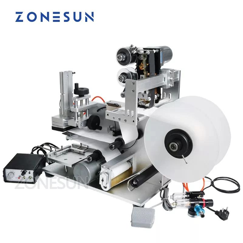 

ZONESUN LT-60D Semi Automatic Plane Labeling Machine Water Juice Oil Bottle Packaging Sticker For Flat Product With Date Code