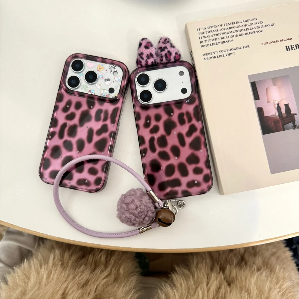 

Pink and purple leopard print bow phone case, suitable for iPhone 14/15/16/17 Pro Max, 17 Pro new shockproof protective case