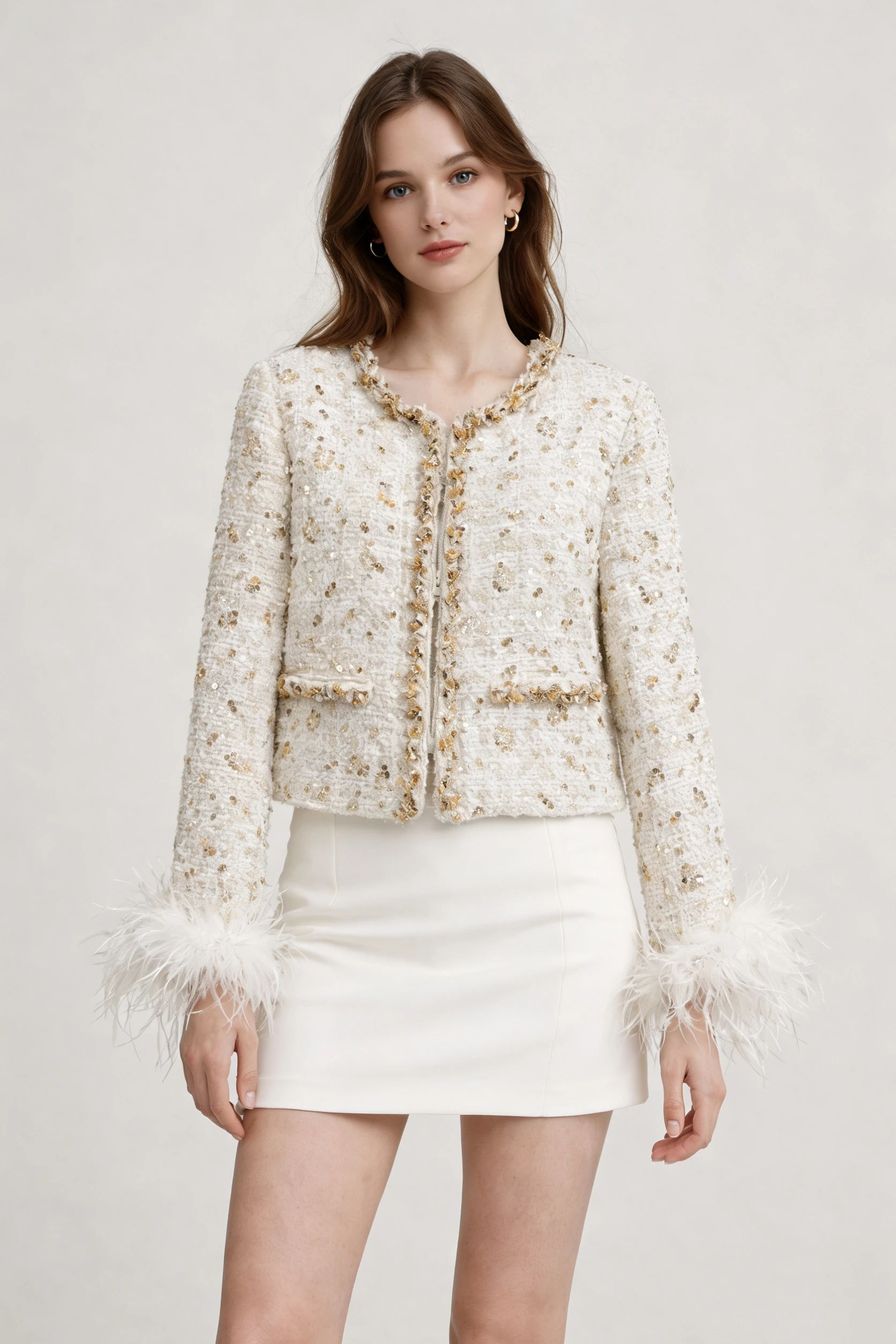 

Elegant White Sequin Jacket with Feather Cuffs Women's Short Tweed Coat for Evening Party Wedding Guest Luxury Outerwear Sweet