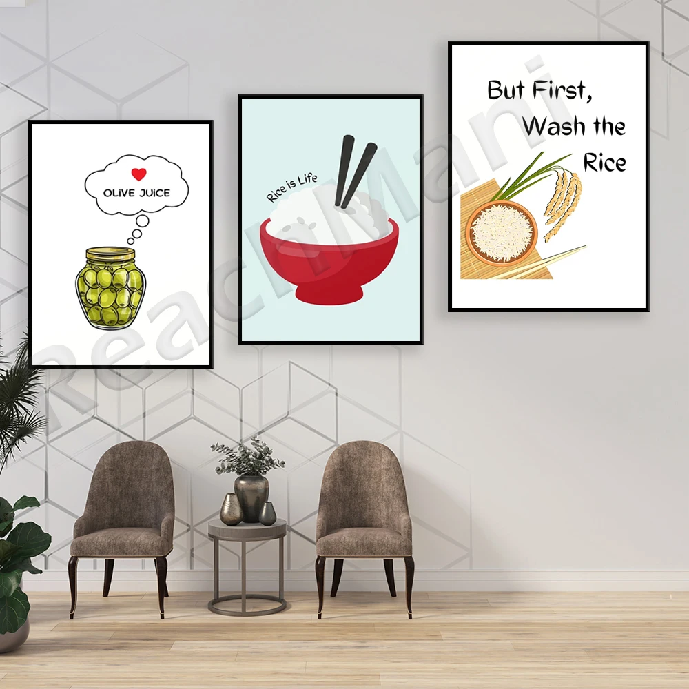 But wash the rice first, rice is life, olive juice, lovely saying olive juice I love you, kitchen poster, asian inspired art,