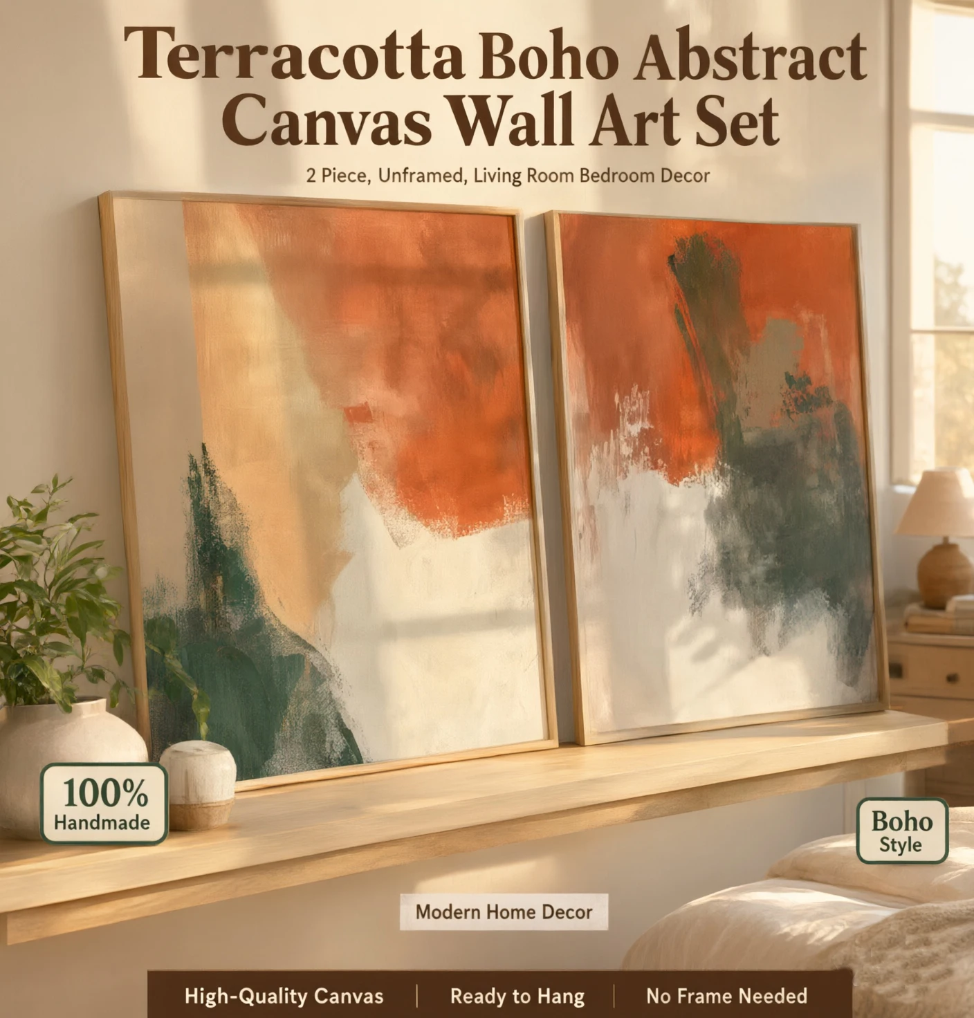 Abstract Canvas Set - ชุดภาพวาดแคนวาสติดผนังสไตล์โบโฮสีดิน โทนสีเอิร์ธโทน สำหรับตกแต่งห้องนั่งเล่นและห้องนอน 2 ชิ้น ไม่มีกรอบ