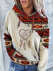 Women's casual fashion round neck pullover hoodie Western ethnic style retro print women's sweater hoodie