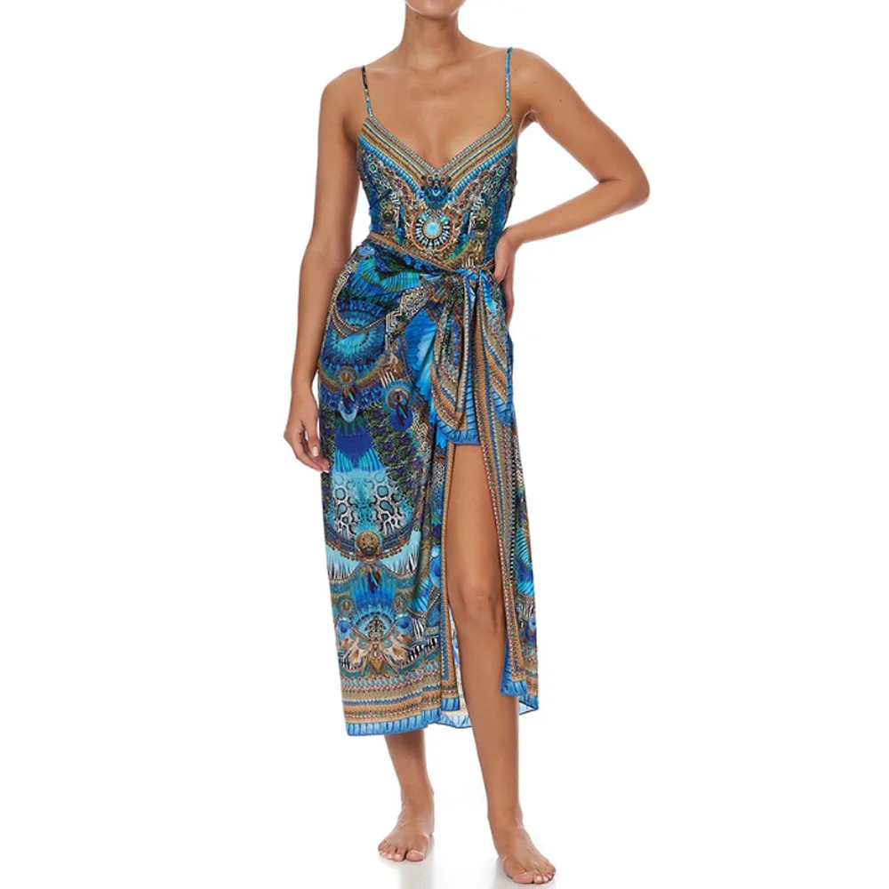 Vintage feminino uma peça maiô & saia listra roupa de banho cobrir azul feminino retro férias praia vestido de verão surf wear