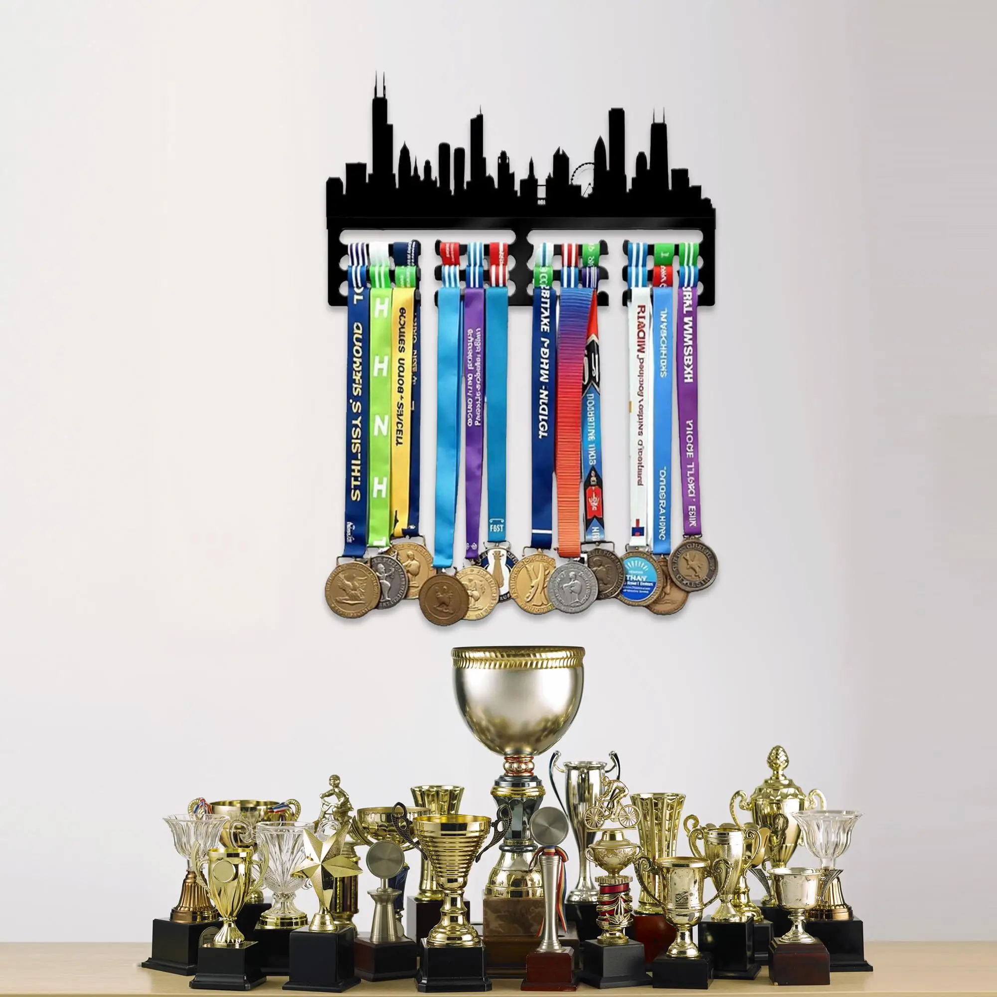 

Chicago Skyline Sport Medal Hanger, Medal Holder Display Rack For Award And Ribbon, Cityscape Edition, Chicago Wall Art
