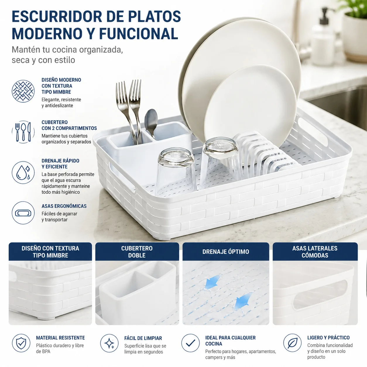 Égouttoir à vaisselle en plastique sans BPA, taille 44×30×10 cm, design texturé type osier avec porte-couverts amovible, base perforée pour un drainage rapide, poignées latérales ergonomiques, organiseur de vaisselle pour petites cuisines et maisons