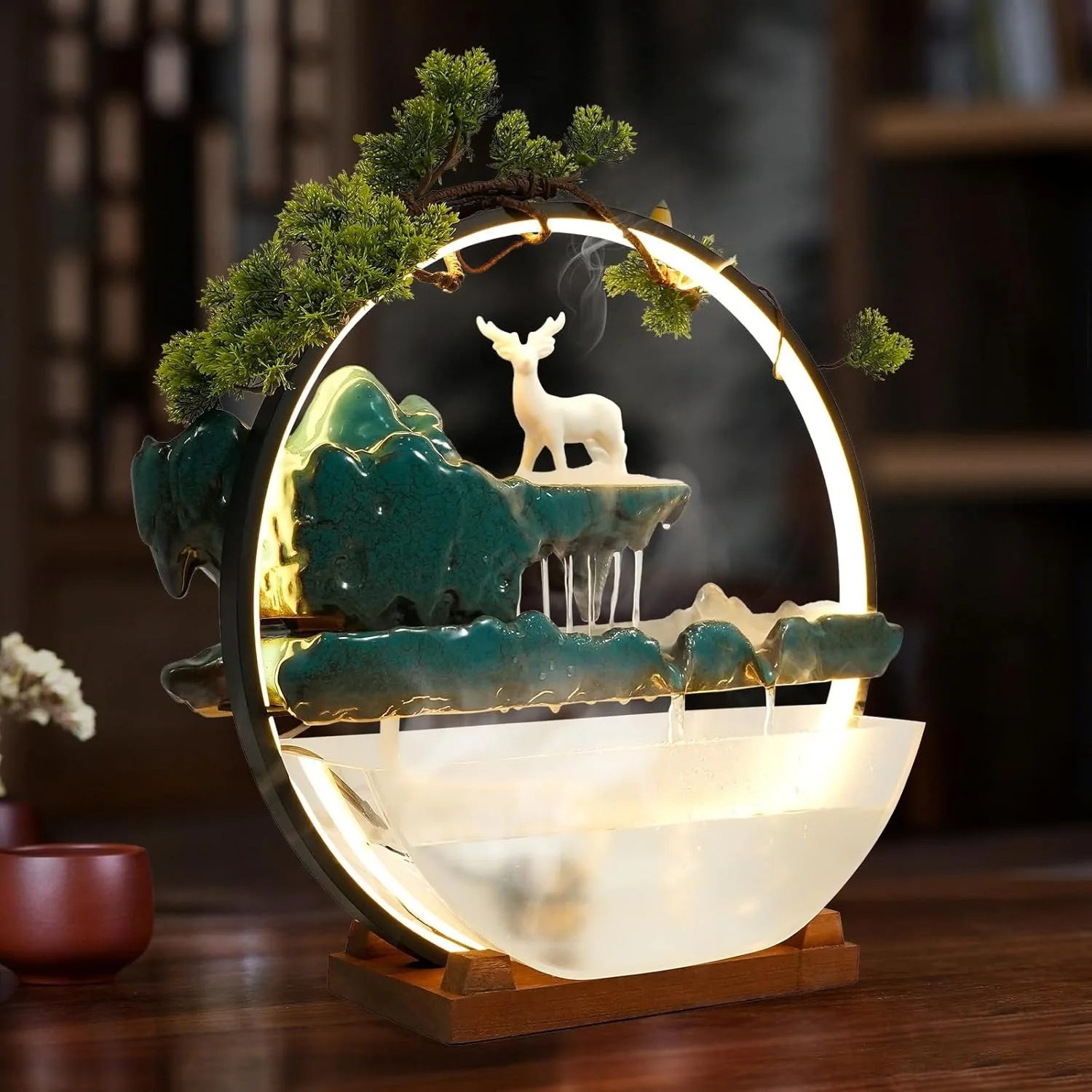 Tabletop Water Fountain with LED Lights & Atomizer - Mini Indoor Waterfall Decor with Fish Bowl - for Meditation Room