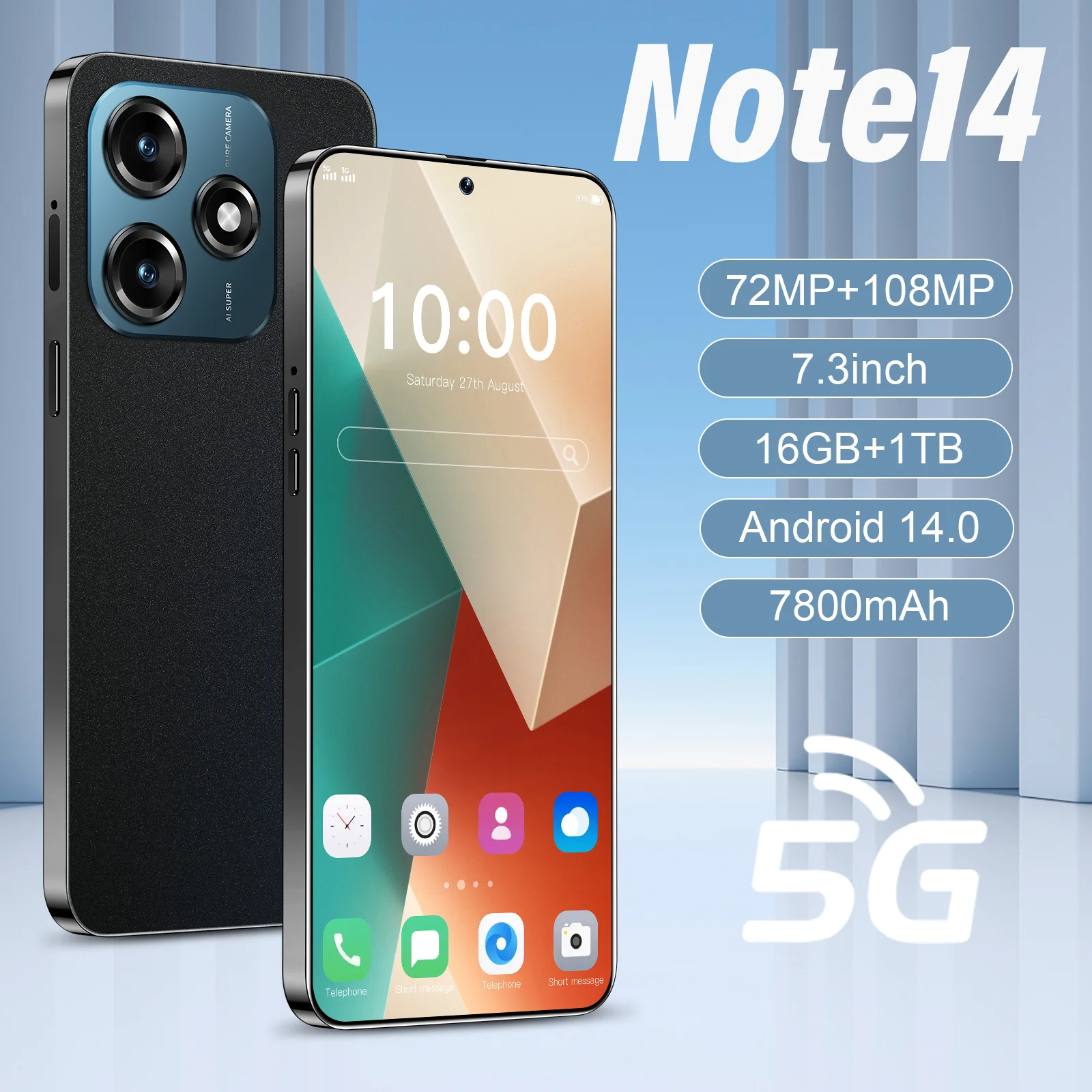 

2025 New Global Edition Note 14 Smartphone 7.3-inch Snapdragon 8 Gen3 7800mAh Battery 5GDual Card Dual Standby Smartphone