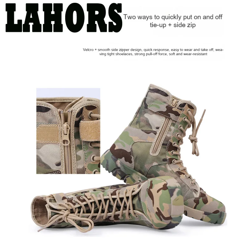 LAHORS Men Tactical Boots Lace Up Waterproof Outdoor Botas Breathable Canvas Camouflage Tactical Combat Desert Ankle Shoes