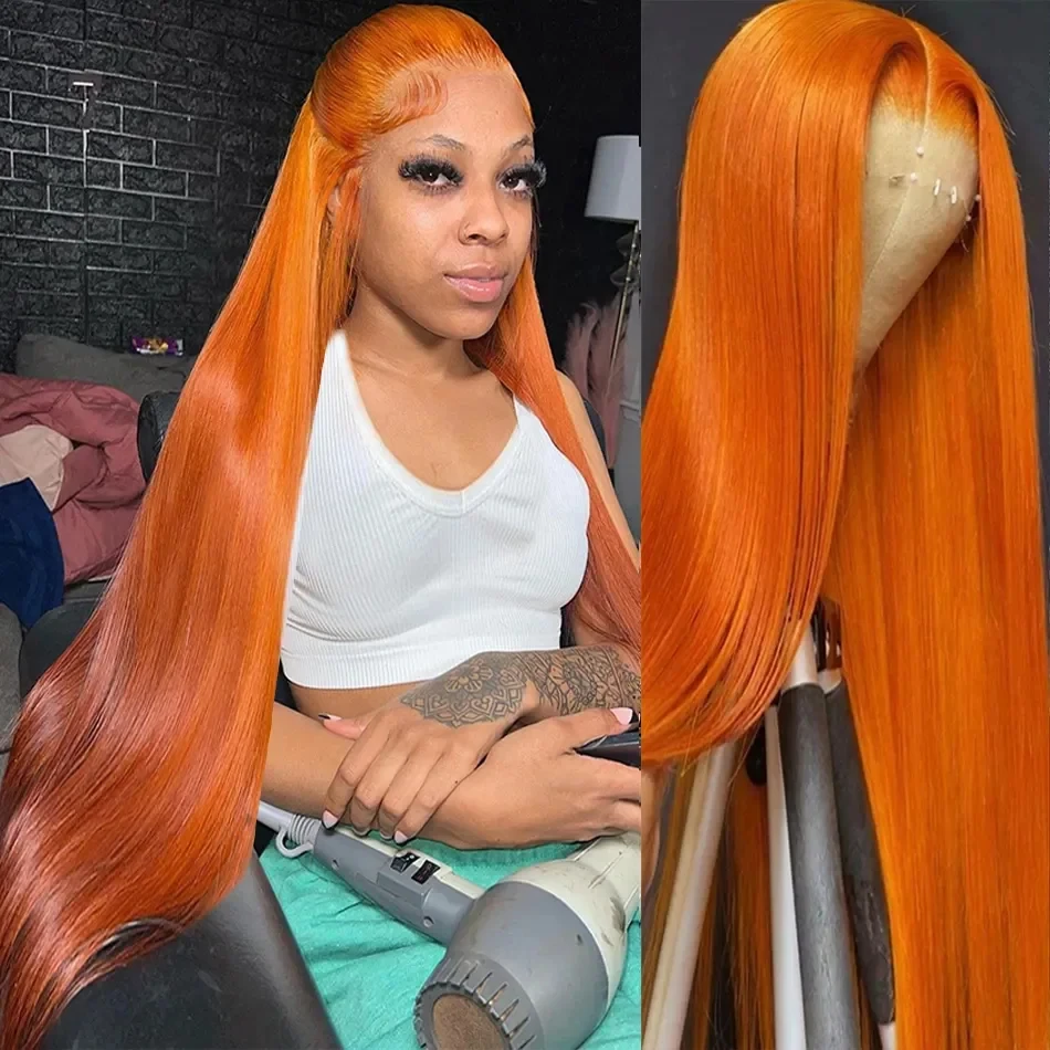 Straight Ginger Lace Wig para menina, cabelo humano laranja, colorido, 350