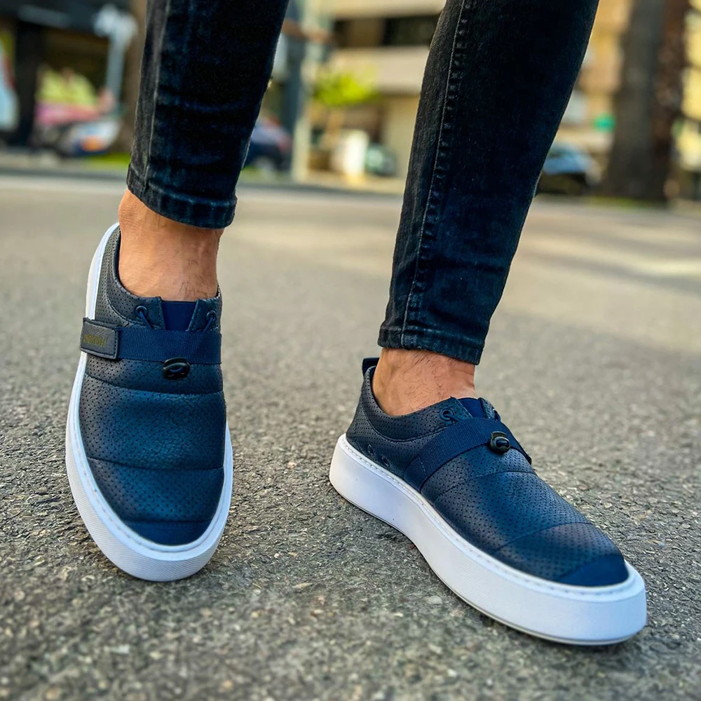 FOH Store Men Shoes NAVY BLUE Color Non Leather Elastic Band 2023 Spring and Fall Seasons New Fashion Casual Breathable Sneakers Suits Comfortable Solid Sole Office Fashion Wedding Walking Lightweight 147
