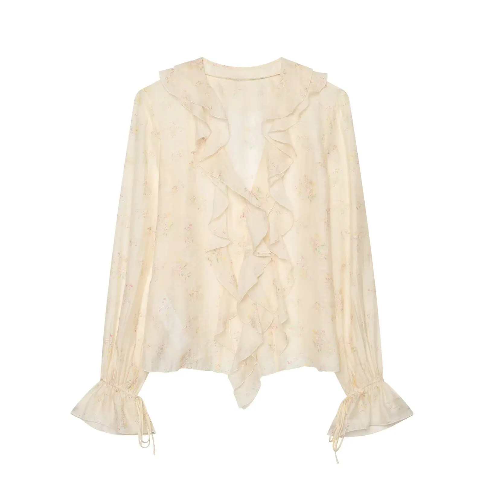 Womens Floral Print Chiffon Shirt Deep V Neck Ruffle Collar Bell Long Sleeve Drawstring Loose Blouse Cottagecore Boho Tops