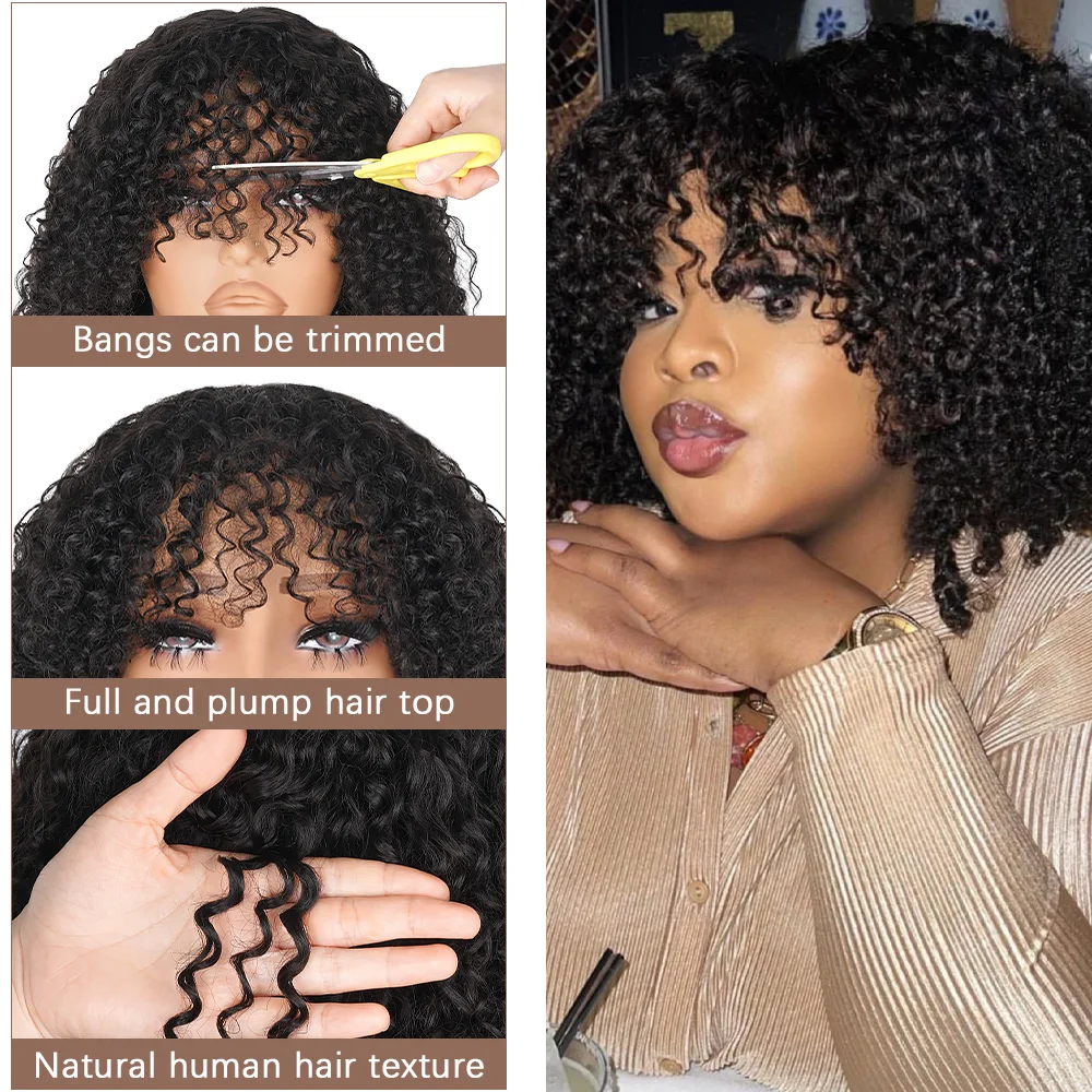 Short Bob Curly Human Hair Wigs with Bangs Natrual Black Glueless Brazilian Human Hair Kinky Curly Fringe Wigs for Black Women image 2