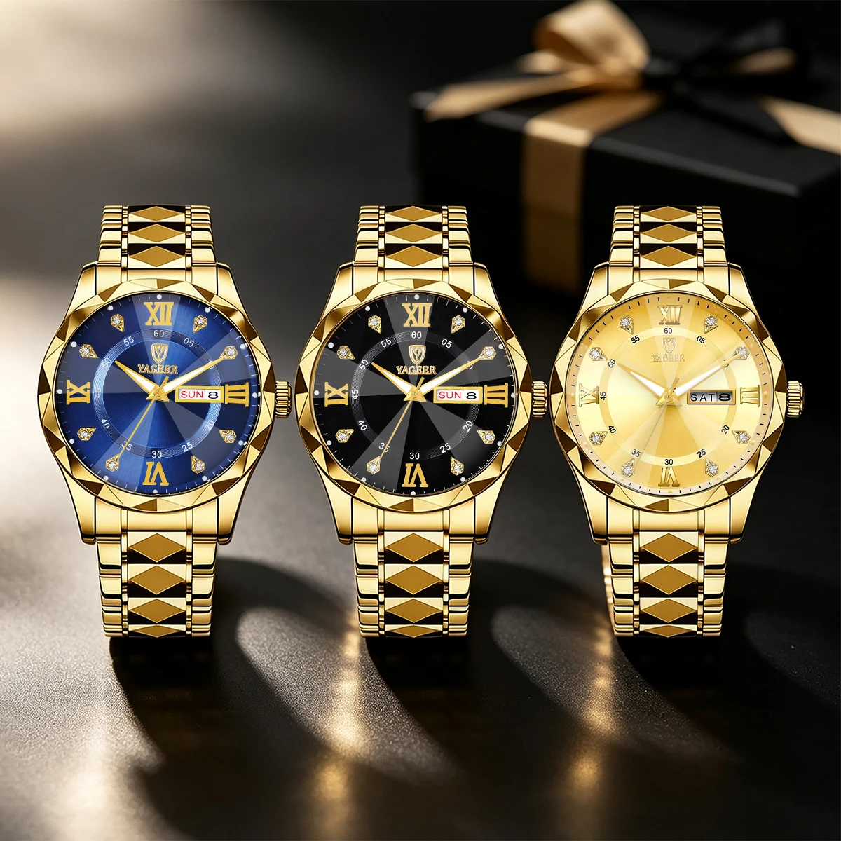 3-Piece Set, Men's Stylish and Elegant Quartz Watch Set, Round Dial, Calendar and Day-Of-The-Week Display, Practical Appearance, Suitable for Various Occasions, a Must-Have Accessory for Travel and Business Trips.