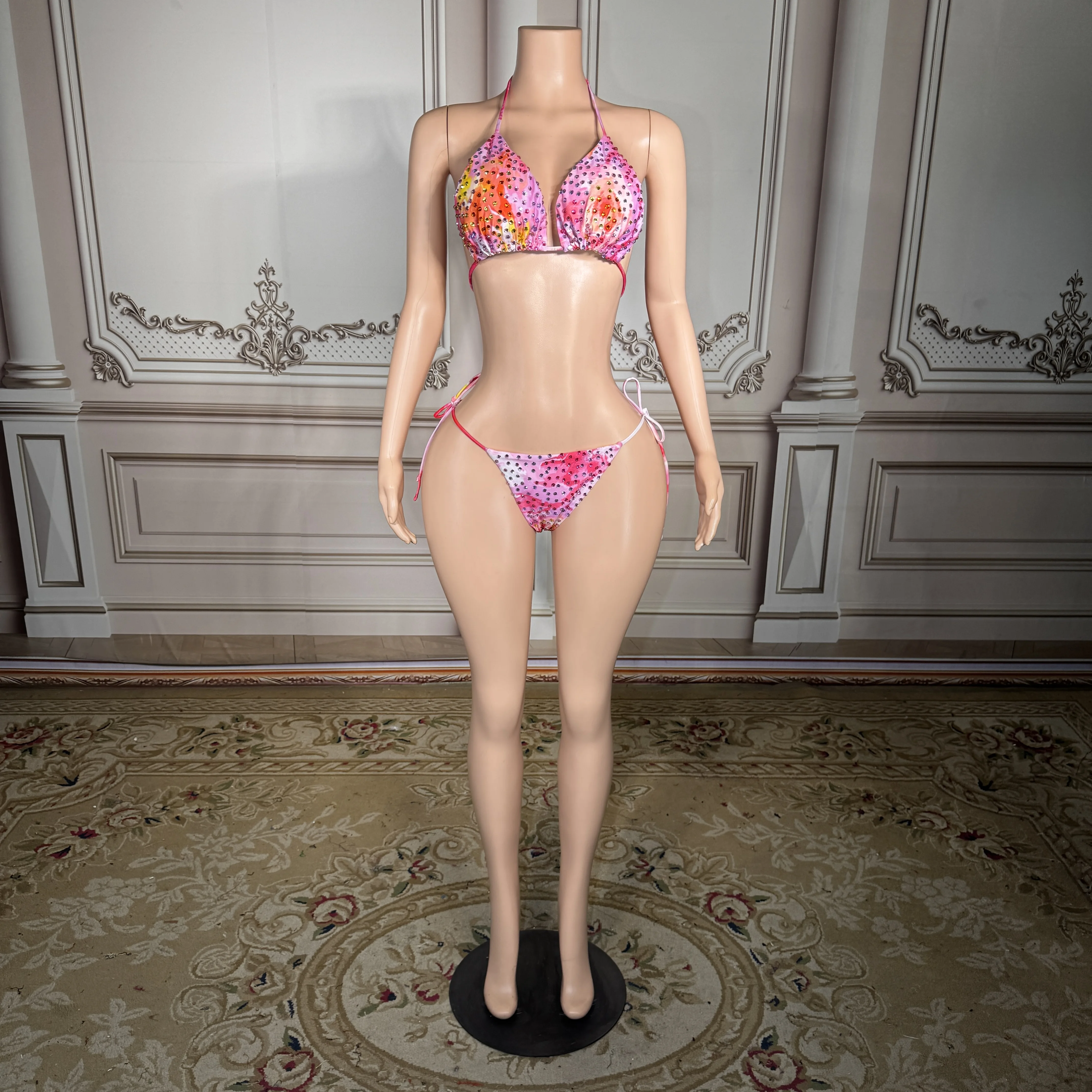ZD New Luxury Pink Sunset Bikini Women Sexy Rhinestones Halter Triangle Top Tie Side Summer Bather