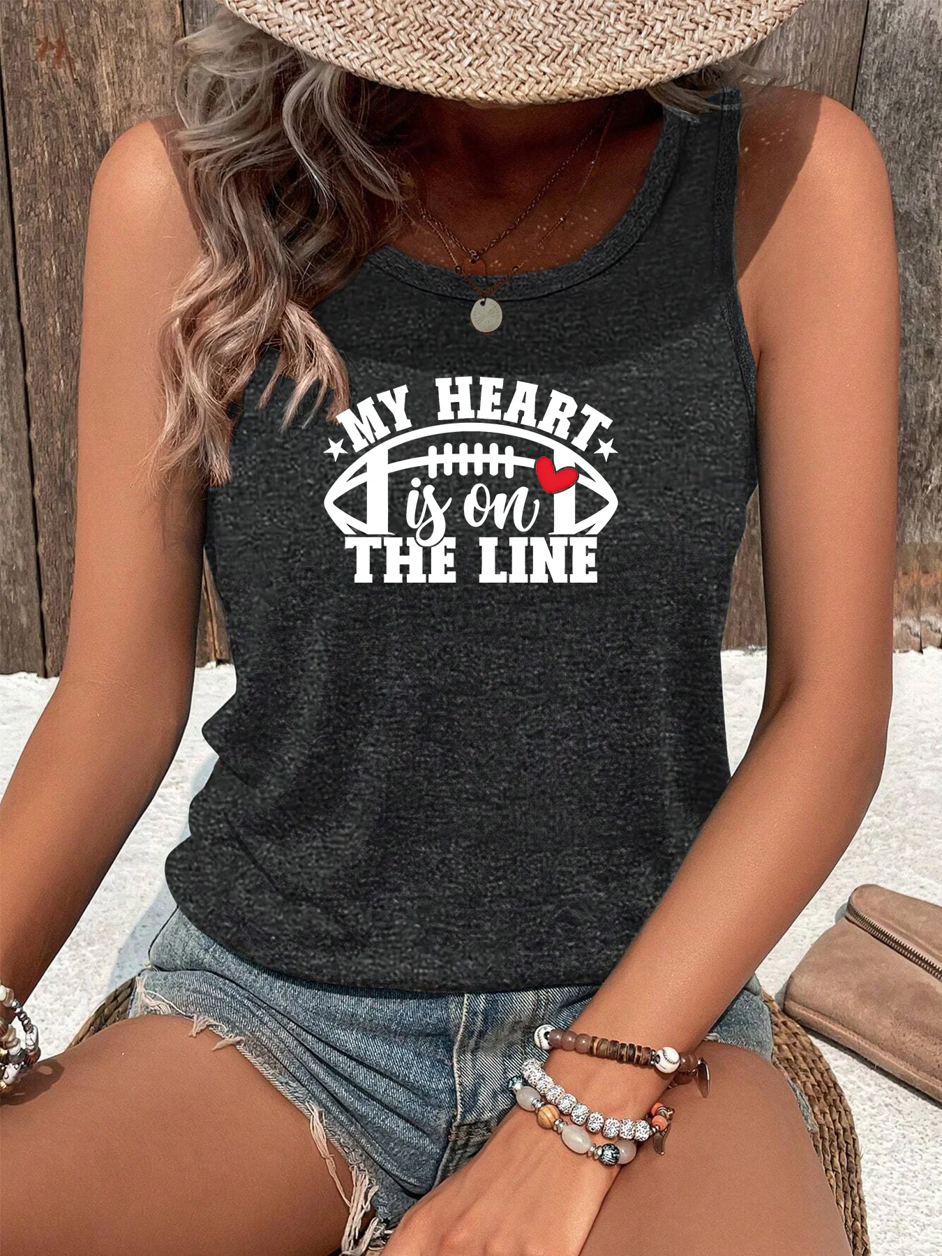 My Heart Is On The Line Baseball Baseball Printing Fashion Funny Sports Women's Tank Top Loose O Neck Sleeveless Casual Tank