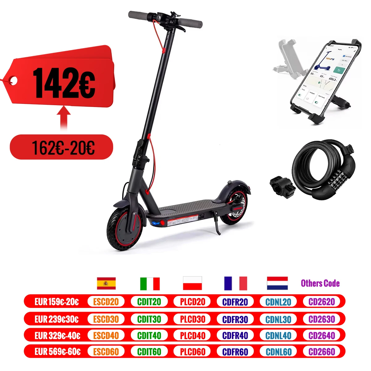 Scooter elettrico da 8,5 pollici con funzione app, con supporto per cellulare e protezione