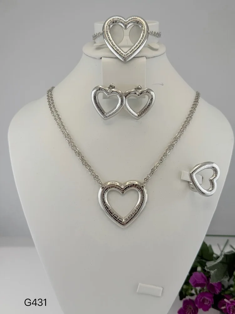 Simple Elegant Love Heart Shape Italian Jewelry Fashionable Necklace Brazalete Aretes Anillo 4PC Jewels Set for Wedding Party