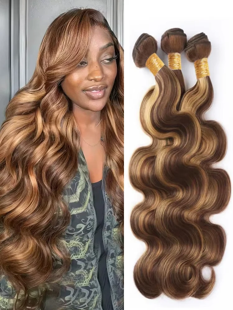 

# 4/27 Медово-коричневые бразильские пучки человеческих волос 30, 32 дюйма, объемная волна, 100% необработанные, необработанные, водное плетение, наращивание пучков