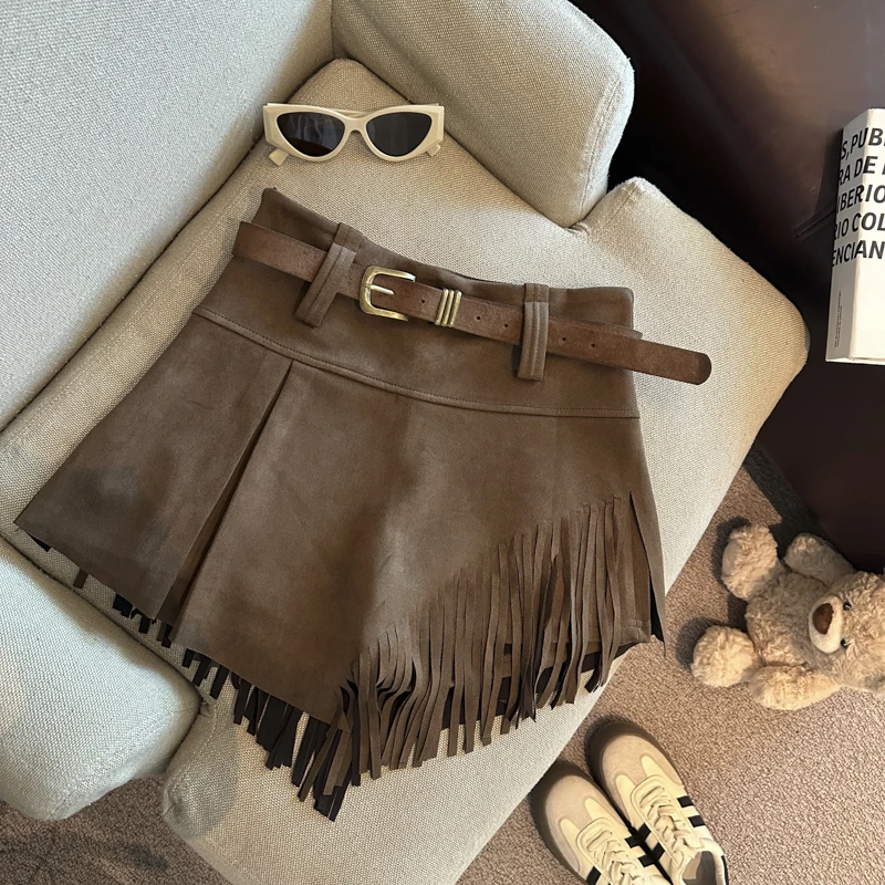 

Women's Irregular Maillard Wasteland Brown 2000s Aesthetic Tassel Chic Skirt 90s American Distressed Leather Y2k Punk Mini Skirt