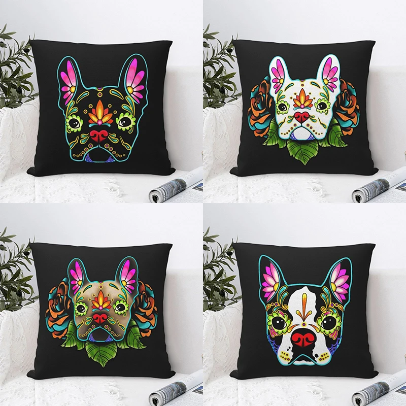 Boston Terrier In Black - Day Of The Dead Sugar Skull Dog pillowcase printed cushion cover Hallow sofa waist pillow pillow cover