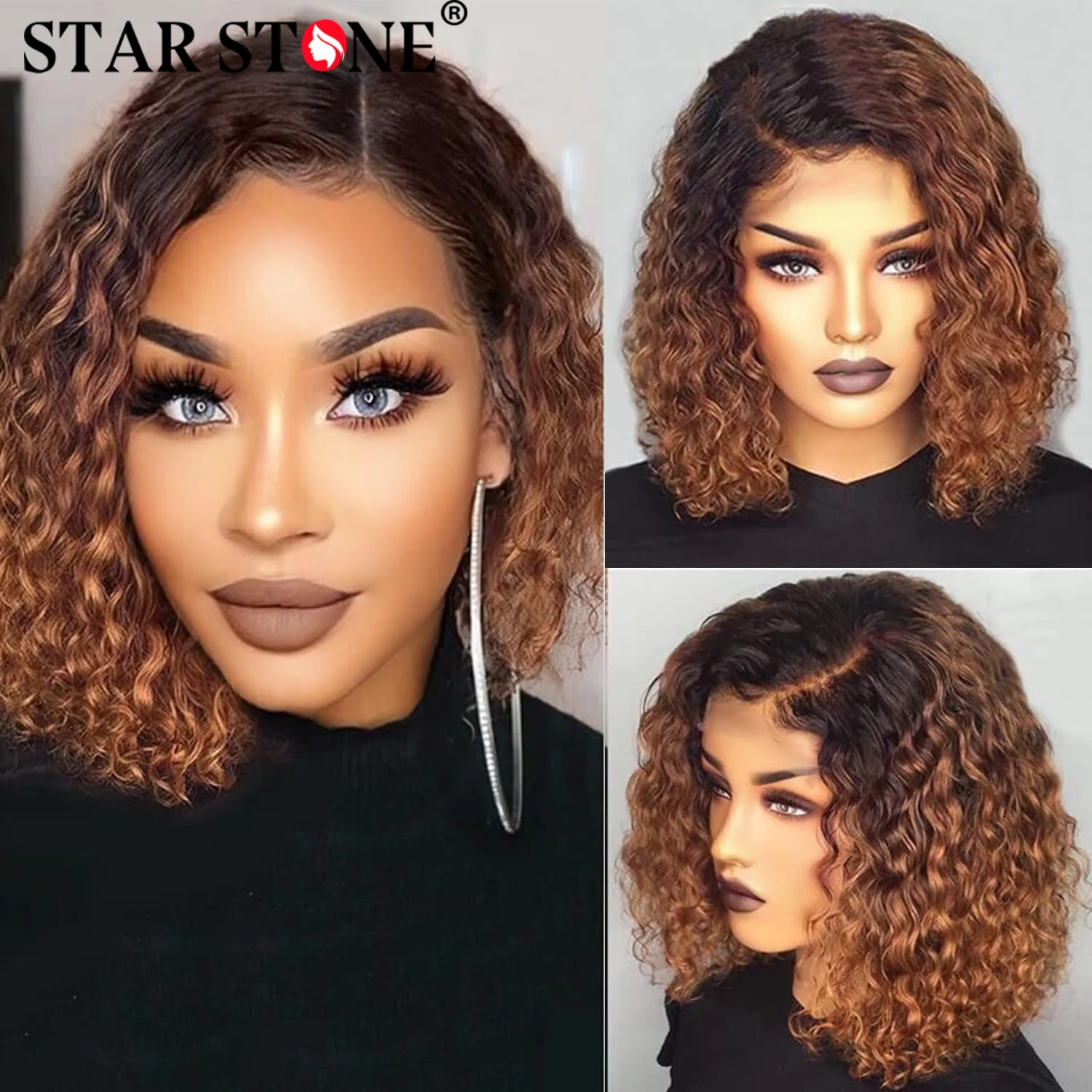 Deep Wave Curly Wigs Human Hair 13x4 HD Lace Frontal Wigs for Women T Part Lace 1B/30 Ombre Brown Short Curly Bob Human Hair Wig