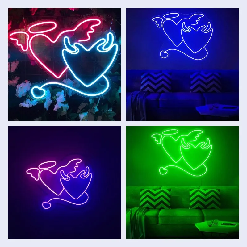 

Angel and Devil Neon Sign Light Heart LED Illuminated Light Wall Hanging Decor for Valentine's Day Gift Wedding Decoration Room