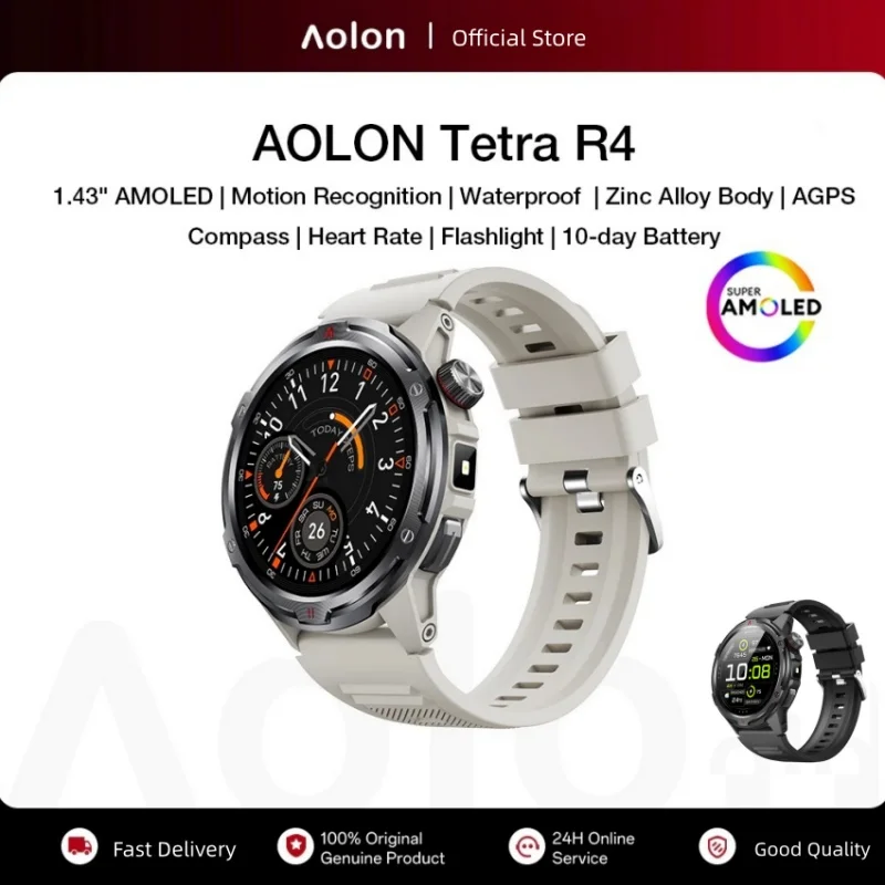 Aolon Tetra R4 Smart Watch 1.43 AMOLED Display AGPS Compass Heart Rate Monitor 100+Sports Modes 1ATM Fitness Tracker Smartwatch