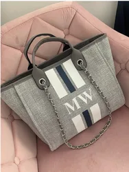 Monogram Tote Bag Canvas Customised Grey Chain Handbag Personalised Navy White Stripe Initials Beach Holiday Shoulder Tote Bag