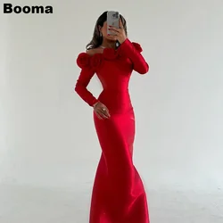 Booma Red Mermiad Evening Dresses Long Sleeves 3D Flowers Satin Formal Occasion Gowns Saudi Arabic Party Prom Dress Dubai