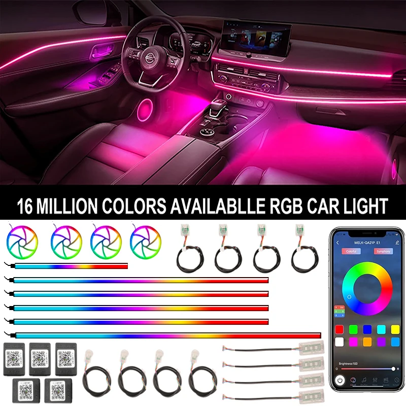 

Car Ambient Lamp Strips Acrylic 64 RGB Colorful Neon LED Universal App Remote Control Auto Interior Accessories Atmosphere Light