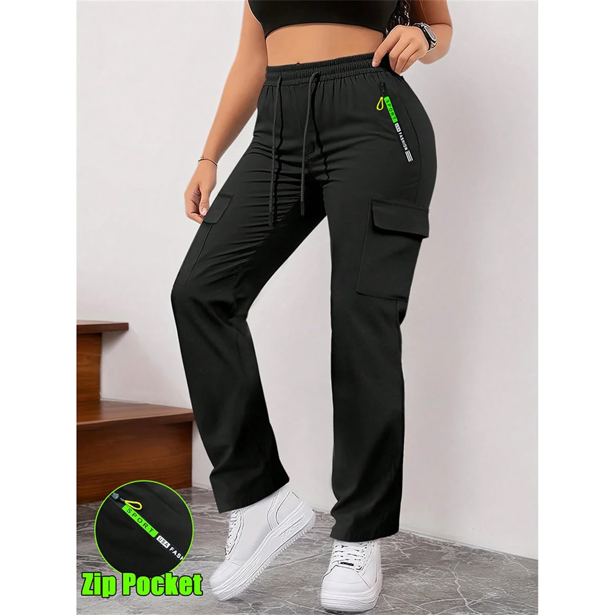 Schlanke Einfarbige Cargo-Hose für Damen Frühling Buchstabendruck Patch Schickes Design Freizeithose Büro Mode Reißverschlusstasche Gerade Hose – Detail 5