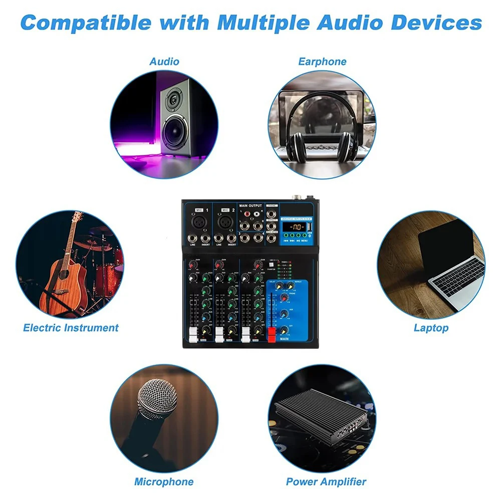 4-Channel Professional Compact Mixer with Bluetooth, USB Mp3 Playback, 48V Phantom Power, Live Streaming, Karaoke Recording, and Mixing Console view 3