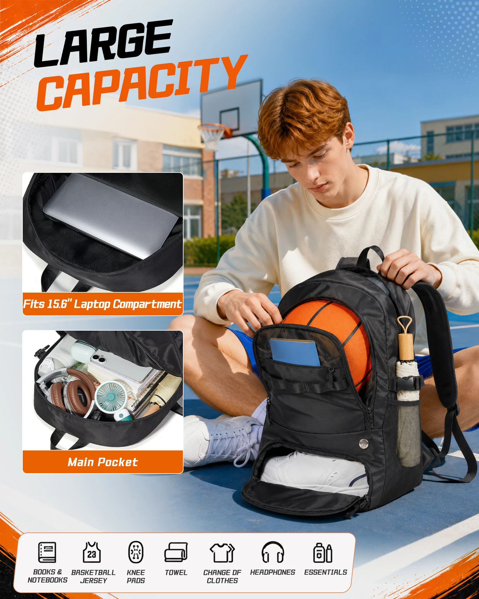 Großer Basketball-Rucksack, Fußballtasche mit Ballfach und Schuhfach, Sportrucksack mit Tasche für Wasserflaschen – Detail 4