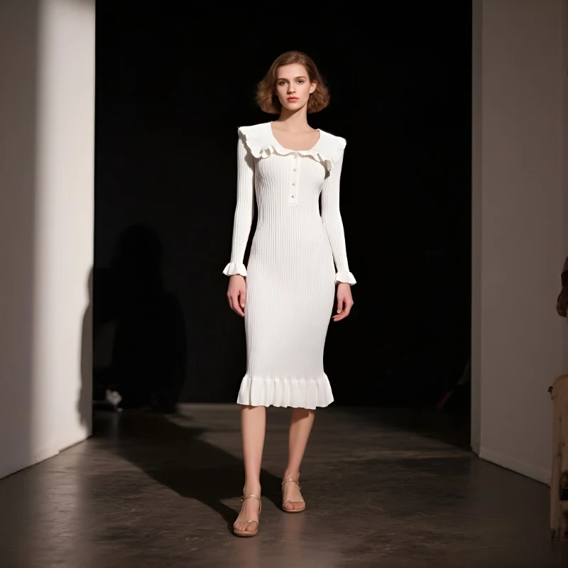 

French-Style Ruffled Skirt Elegant Fitted Dress Knit Dress New Autumn/Winter Long-Sleeve Collared Women's Dress