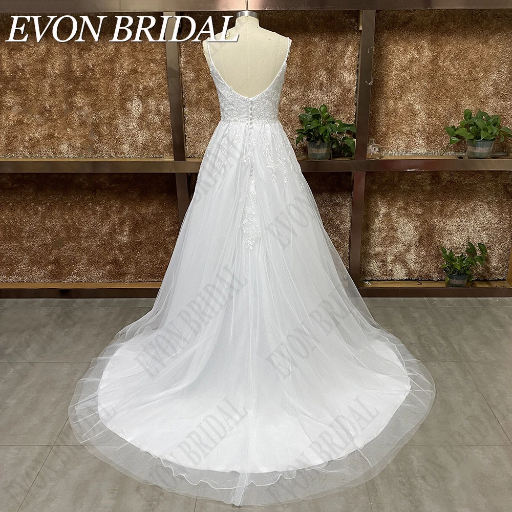 EVON BRIDAL Cordones de encaje vestidos de novia para las mujeres sin espalda vestido de princesa de casamento tirantes espaguetis con cuello en V vestidos de novia 2024 Elegante A-line apliques foto real Plus Size sin