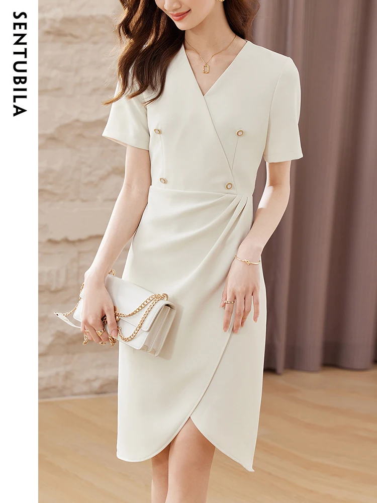 SENTUBILA Elegant V Neck Ruched Faux Wrap Dress for Women 2024 Fashion Short Sleeve Bodycon Split Dress for Ladies Work Office