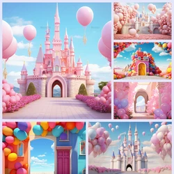 Fairy Tale Castle Photo Backdrop Pink Flower Balloon Princess Girls Birthday Party Decor Photography Studio Customized Memories