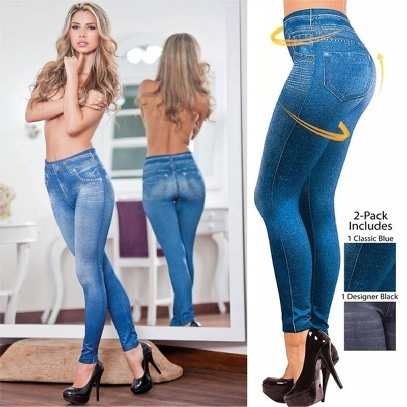 2024 Push Up Seamless High Waist Faux Denim Leggings Women Casual Elastic Pocket Jeans Print Pants Skinny Pencil Leggins Mujer