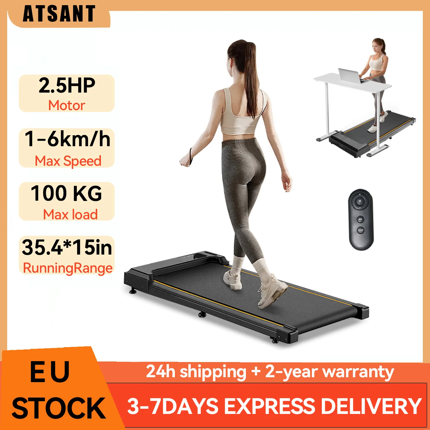 ATSANT AT21 1-6 km/h Cinta de correr 3 en 1 para hogar/oficina, cinta de correr silenciosa debajo del escritorio de 2,5 HP, almohadilla para caminar plegable con capacidad de peso de 220 libras